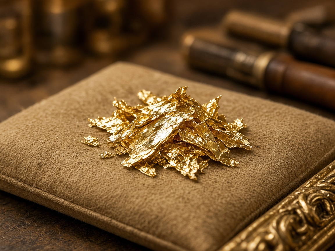 Gold leaf flakes on a gilding cushion