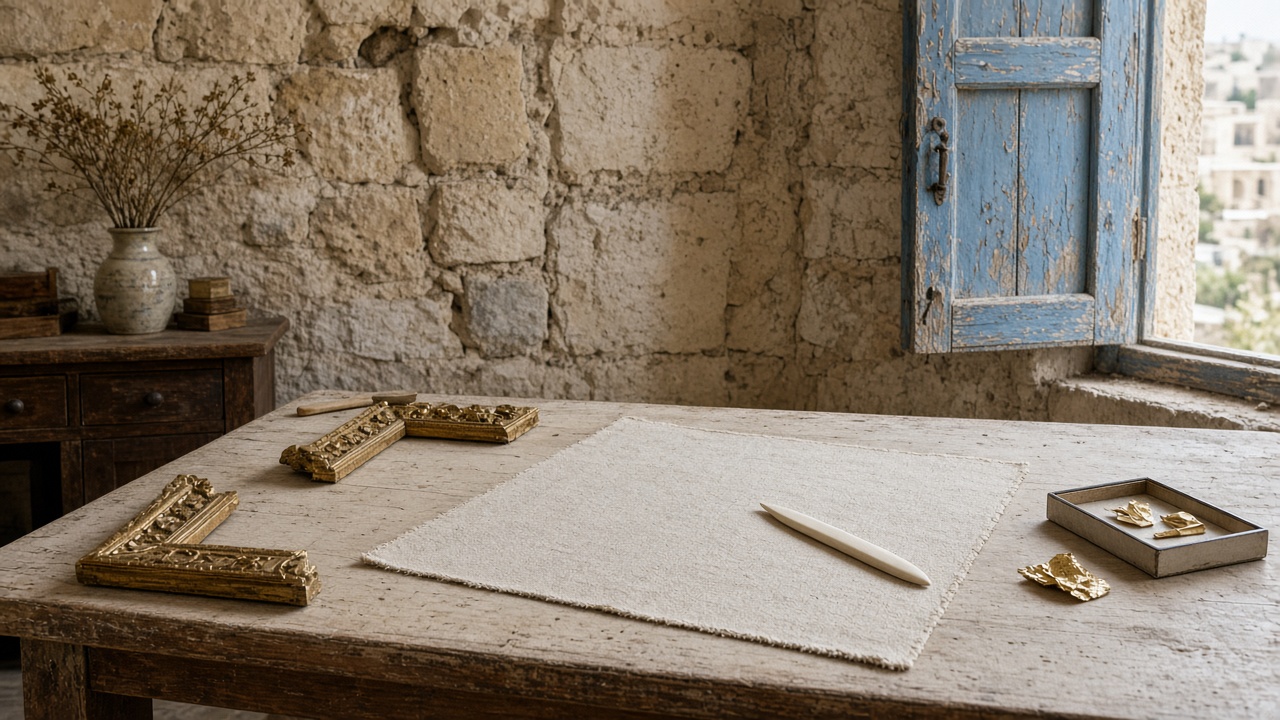Gold-leaf frame corners on a stone table