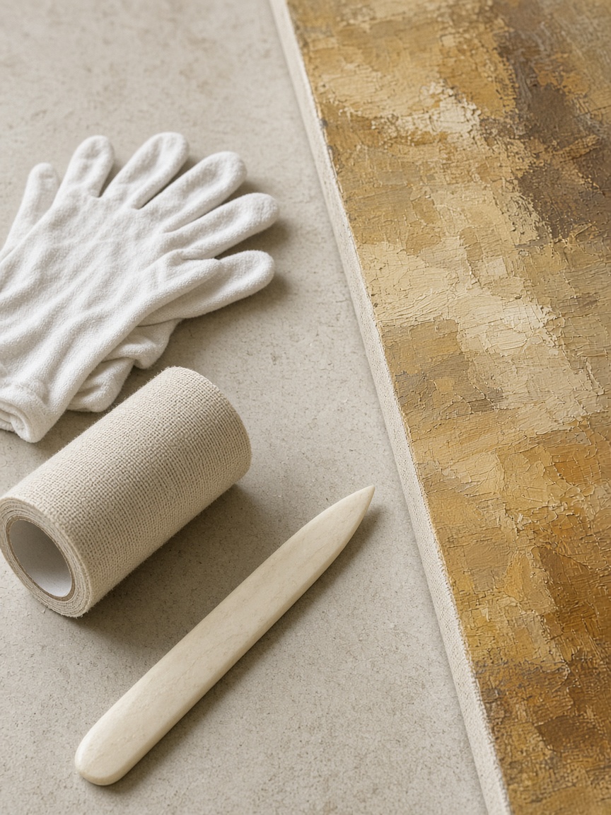 Linen tape and a bone folder beside a painting edge