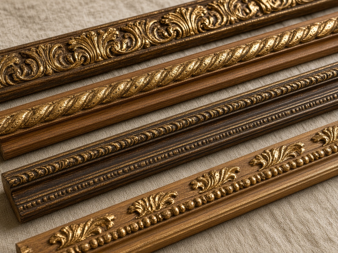 Gilded and stained frame mouldings on linen