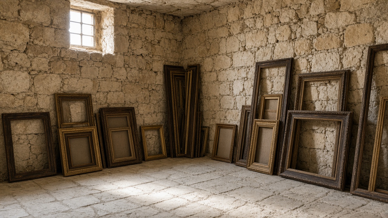 Empty wooden frames leaning on limestone