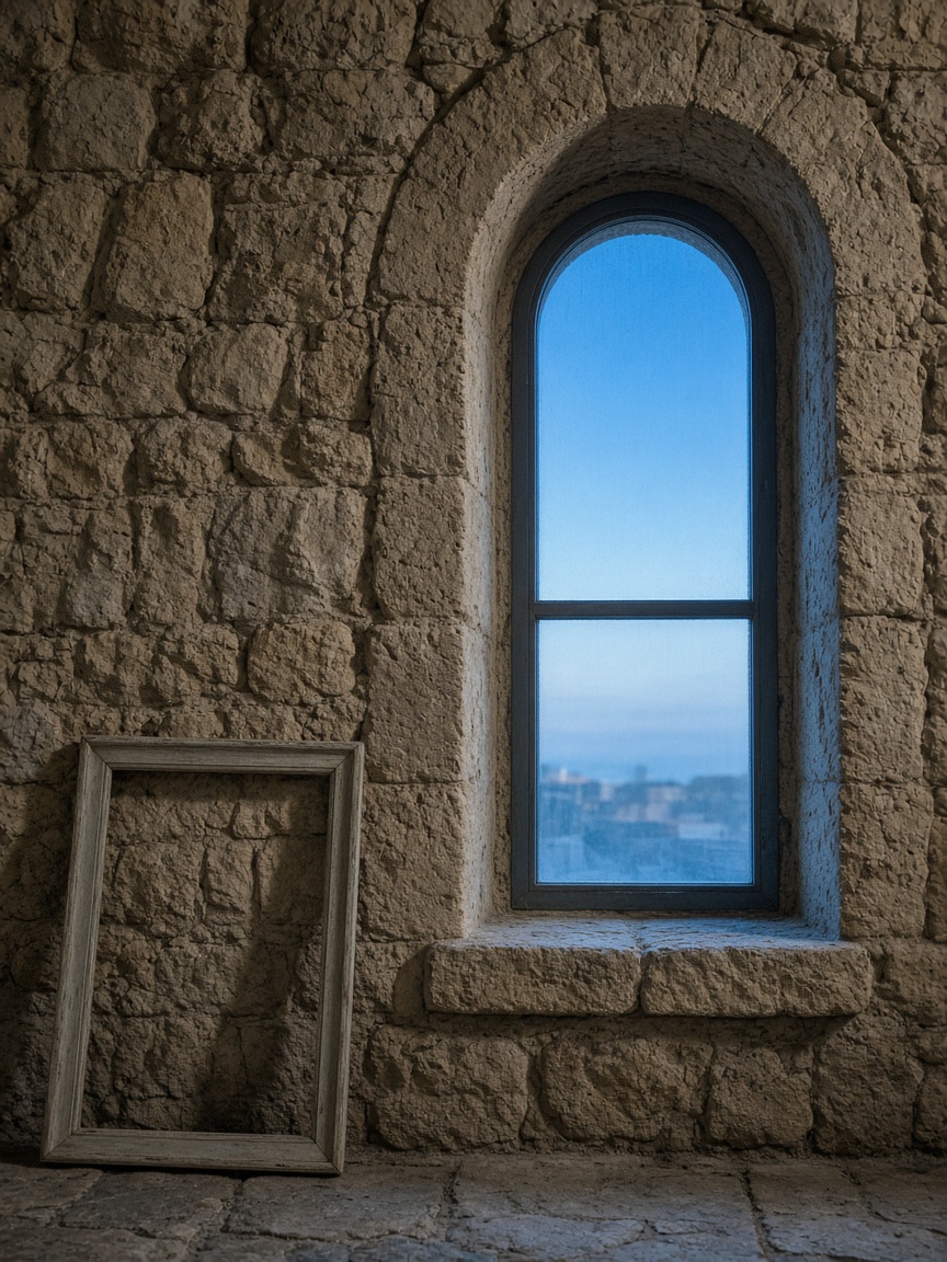 Arched window in a Jaffa stone wall